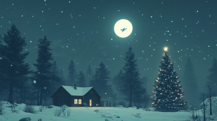 Fototapeta premium A peaceful snowy evening with a small cabin surrounded by snow-tipped trees, an illuminated Christmas tree outside, and silhouette flying across the moonlit sky