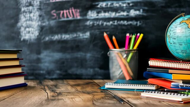 Classroom setup with books, stationery, and a globe on a wooden desk during a school day