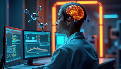 Woman in lab coat looks at computer screens. Brain interface tech. Focuses on coding and data analysis. Modern lab setting. Research in progress. Developing tech for future. Sci-fi concept.