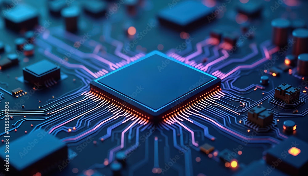 Aufkleber Modern microchip integrated circuit board futuristic tech design. Advanced digital components connected by intricate circuits. Electronic devices interconnect for internet of things. High tech
