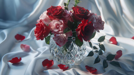 a vase filled with red and pink roses