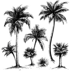 collection of black ink drawings of palm trees, clip art style on white background