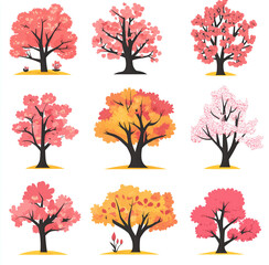 Autumn trees red and yellow color palette on white