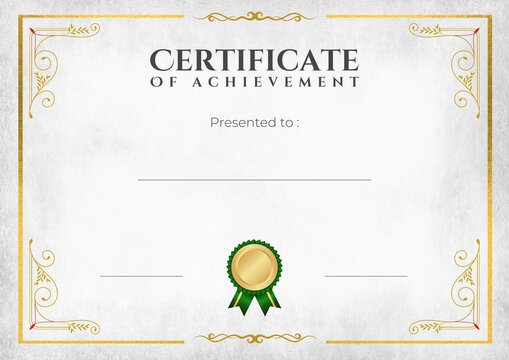 White Grey Certificate. a certificate of achievement with ornate gold borders, a green ribbon seal, and spaces for the recipient's name and signatures.