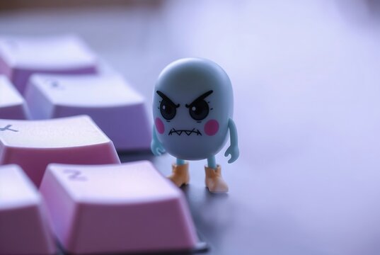 Angry Cartoon Figure by Keyboard: A Moody Close-Up