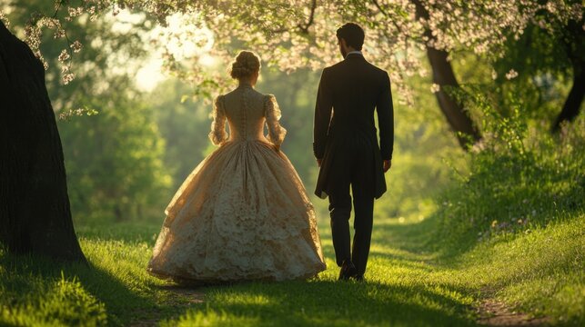 Romantic Couple in Victorian Attire Strolling Through a Blossoming Garden Path - Powered by Adobe