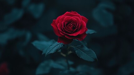 Single dark red rose in bloom, against a moody green background.