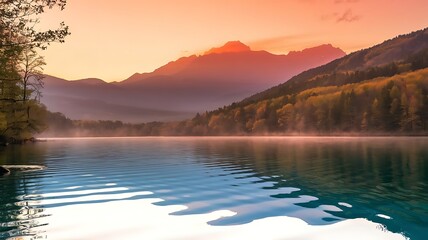 A tranquil lake mirroring the surrounding mountains and trees at sunrise.