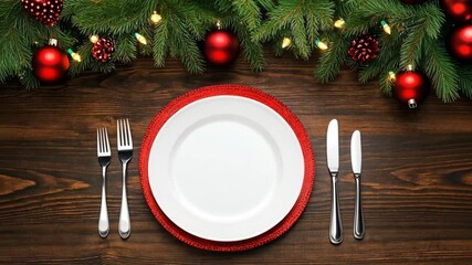 Elegant Christmas dinner table setting with red accents and festive decorations on a wooden surface