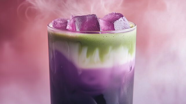Ube and matcha iced latte. A colorful, refreshing beverage with bold layers and artistic presentation. Image made using Generative AI