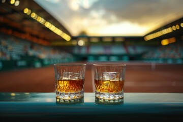 High Definition Image of Cinematic Photograph of Two Whisky Glasses at Tennis Stadium