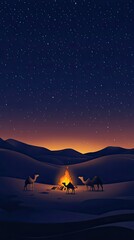 Camels Resting Near Campfire Under Starry Desert Night