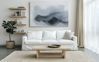 Minimalist living room with white sofa, abstract painting, wooden coffee table, and natural decor.