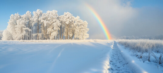 d trail leading to trees covered by heavy ice and frost, made by AI