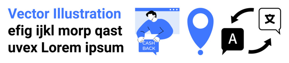 Blue and black elements including a person holding a cashback sign, a location pin, language icons, and cycle arrows. Ideal for marketing, finance, localization, navigation, e-commerce, customer