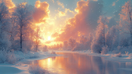 Frozen Dreamscape with Golden Clouds