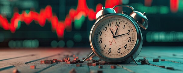 Recession unemployment concept. A clock resting on a surface with a graph in the background, symbolizing time and financial trends.