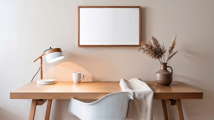 A minimalist interior with a wooden desk in light brown, set against a calm beige wall, creating simplicity.