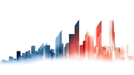 Obraz premium City skyline silhouette with a gradient of blue and red tones against a white background.