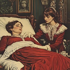 Woman comforting sick woman in bed. Victorian era illness concept.