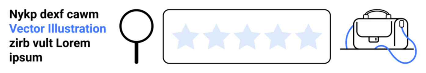 Magnifying glass icon, five-star rating bar, and satchel bag illustration. Ideal for web design, user reviews, e-commerce, customer feedback, business ratings, online shopping, marketing. Landing