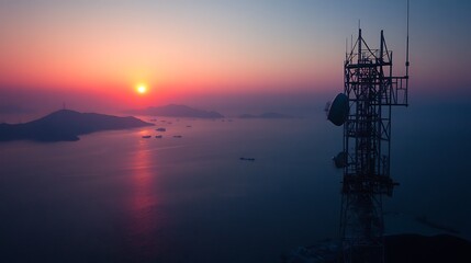 Stunning Sunset View over the Ocean with Telecommunication Tower