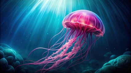 Vibrant pink jellyfish with delicate tendrils floating in a tranquil, dark blue underwater scene, jellyfish, underwater