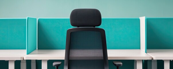 Recession unemployment concept. Empty office space featuring a black ergonomic chair against turquoise cubicle partitions.