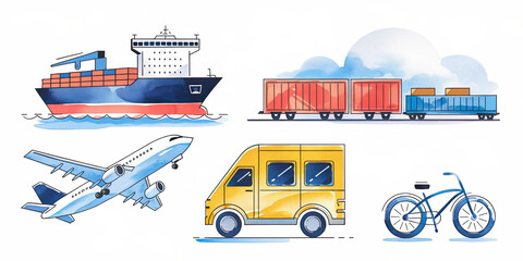 Global Transportation Ship Train Plane Van Bicycle Illustration