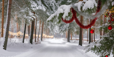 Naklejka premium Snowy Winter Forest Path Christmas Decorations Festive Holiday Scene