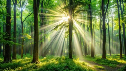 Fototapeta premium Sunbeams filtering through lush green forest trees creating a scenic and serene , sunlight, forest, trees, nature