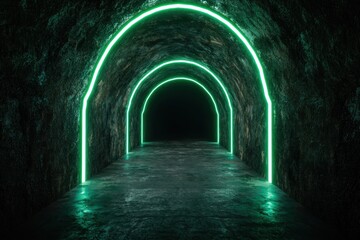 Obraz premium Glowing green neon tunnel in dark cave