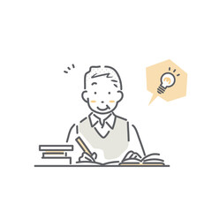 意欲的に勉強をするシニア男性　シンプルでお洒落な線画イラスト