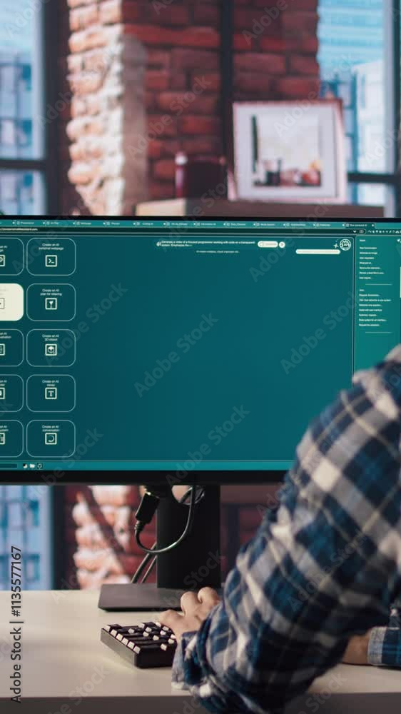 Poster Man in home office using generative artificial intelligence website generating videos using diffusion models. Person wearing headphones using AI virtual assistant producing clips for him, camera A