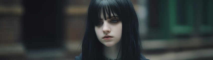 Mysterious young woman with dark hair and intense gaze