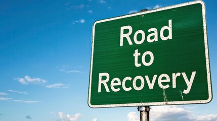 Recession unemployment concept. Road sign indicating the path to recovery against a clear blue sky.