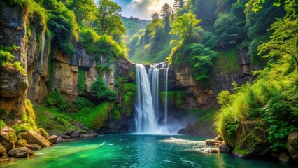 Fototapeta premium Majestic canyon waterfall surrounded by lush greenery, waterfall, canyon, majestic, nature, lush greenery, scenery
