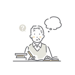 勉強中に疑問にぶつかるシニア男性　シンプルでお洒落な線画イラスト