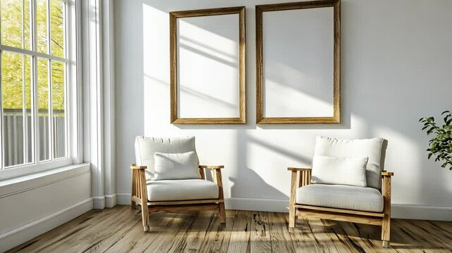 Cozy corner with two empty frames and natural light shining through the window