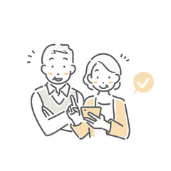 インターネットで申し込みをするシニア夫婦　シンプルでお洒落な線画イラスト