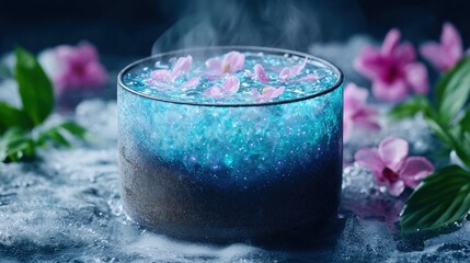 Sparkling blue cocktail with pink flower petals