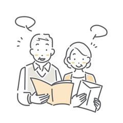 送られてきたパンフレットを見ながら話をするシニア夫婦　シンプルでお洒落な線画イラスト