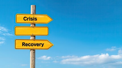 Recession unemployment concept. Signpost with directions for "Crisis" and "Recovery" against a clear blue sky.