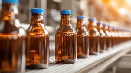 Bottles of amber-colored liquid on a shelf