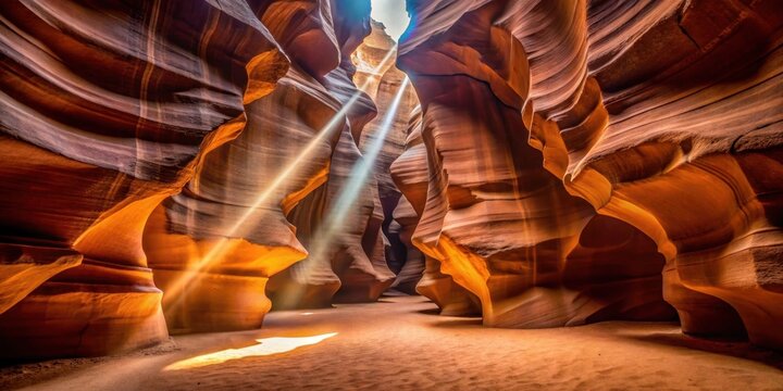 Dark sandstone walls contrasted against beams of daylight streaming into Antelope Canyon , Antelope Canyon, Arizona - Powered by Adobe