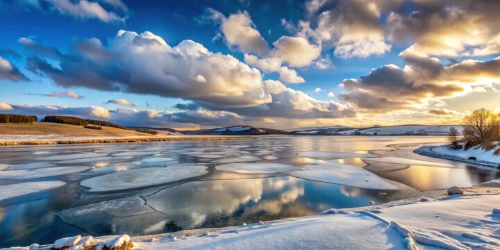 Winter landscape with broken ice in lake and rolling hills with snow in background and clouds in sky, winter, landscape, broken ice