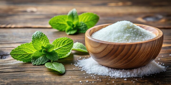 Birch sugar xylitol in a wooden bowl with mint leaves on a wooden surface, sweetener, natural, alternative