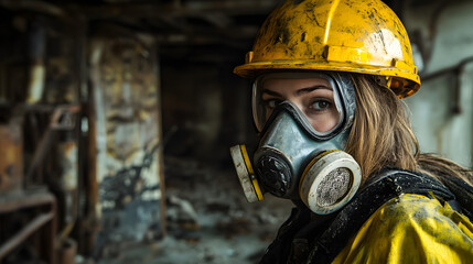 Fototapeta premium A woman adorned in a vibrant yellow helmet and protective gas mask stands confidently in a hazardous work environment. Her sturdy attire hints at the dangerous nature of her surroundings.