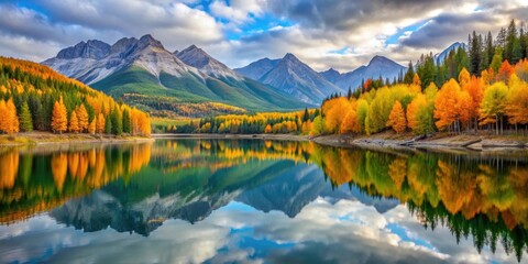 Obraz premium Vibrant autumn foliage reflecting off calm lake in Kananaskis Country Alberta Canada, autumn, Kananaskis Country, Alberta