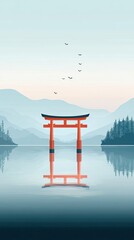 Naklejka premium Serene Torii Gate Reflecting in Calm Water Mountains